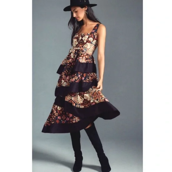 Anthropologie Square-Neck Printed Tiered Midi Dress, NEW - Picture 14 of 15